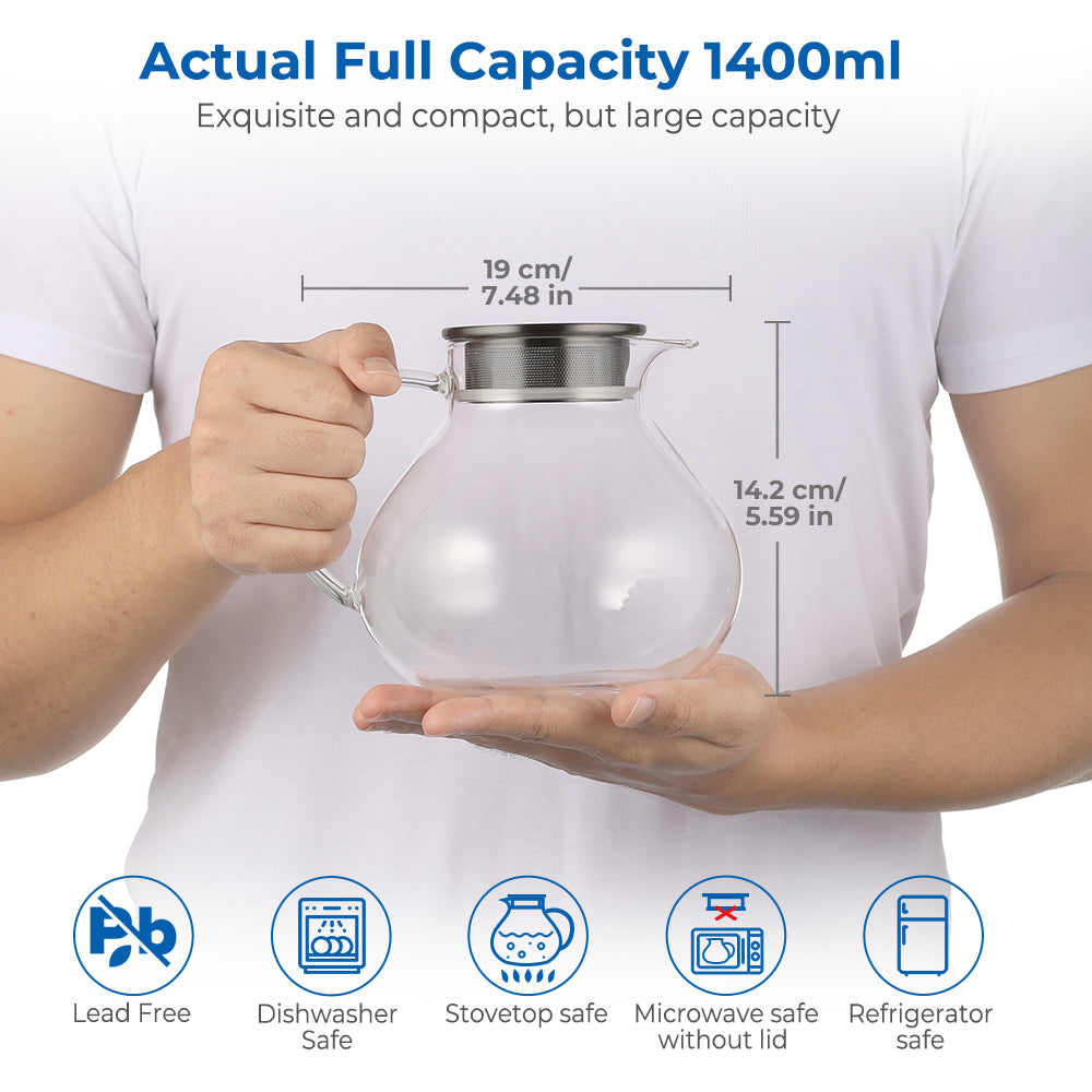 ecooe 1400ml Glass Teapot with Removable Stainless Steel Filter Glass Jug Heats on Stove for Loose Tea Fruit Scented Tea and Flowering Tea
