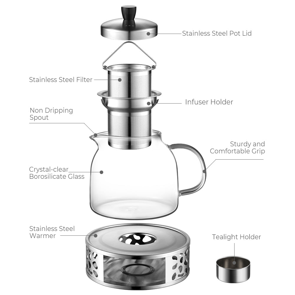 ecooe 1000mL Teekanne mit Stövchen Teebereiter Glas und Edelstahl Teewärmer