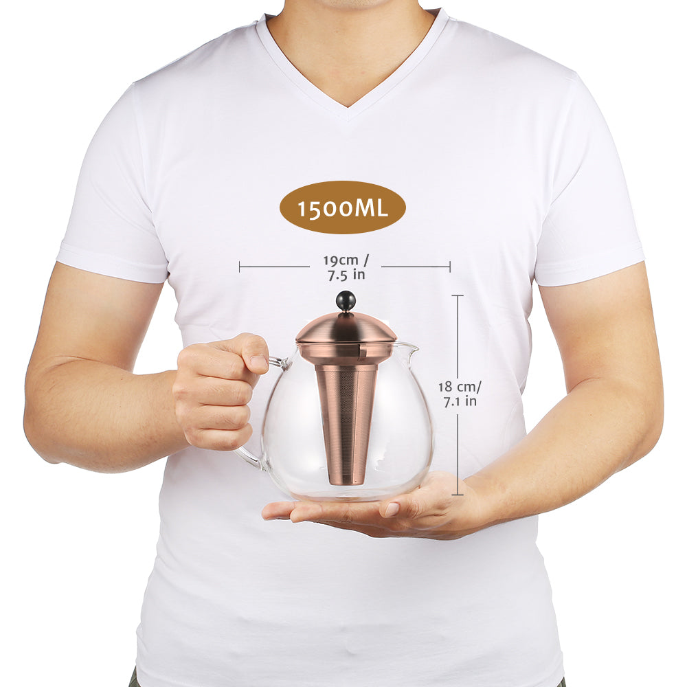 glastal 1500ml Glass Bronze Teapot with 18/8 Stainless Steel Tea Strainer, Borosilicate Glass Teapot, Glass Teapot Suitable for Tea Warmer