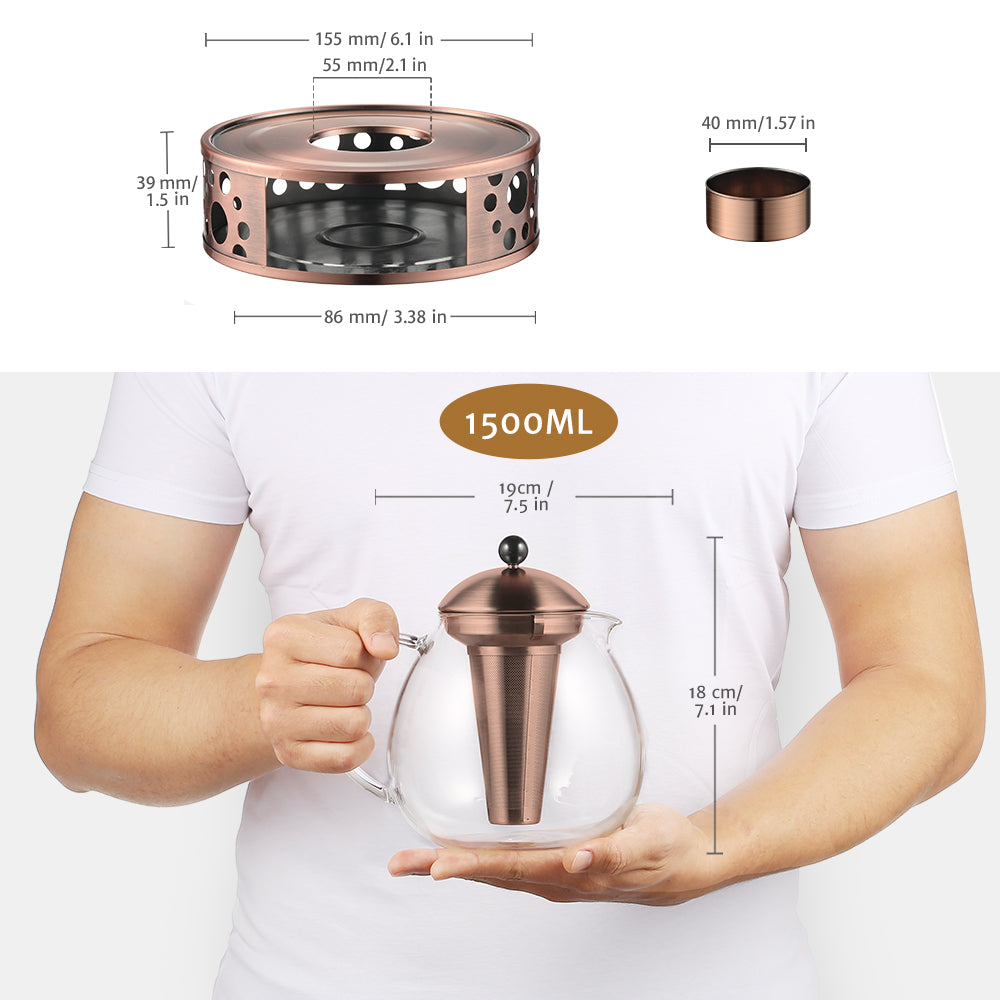 glastal 1500ml Bronze Teekanne mit Stövchen Teebereiter Glas und Edelstahl Teewärmer Teekanne Suit