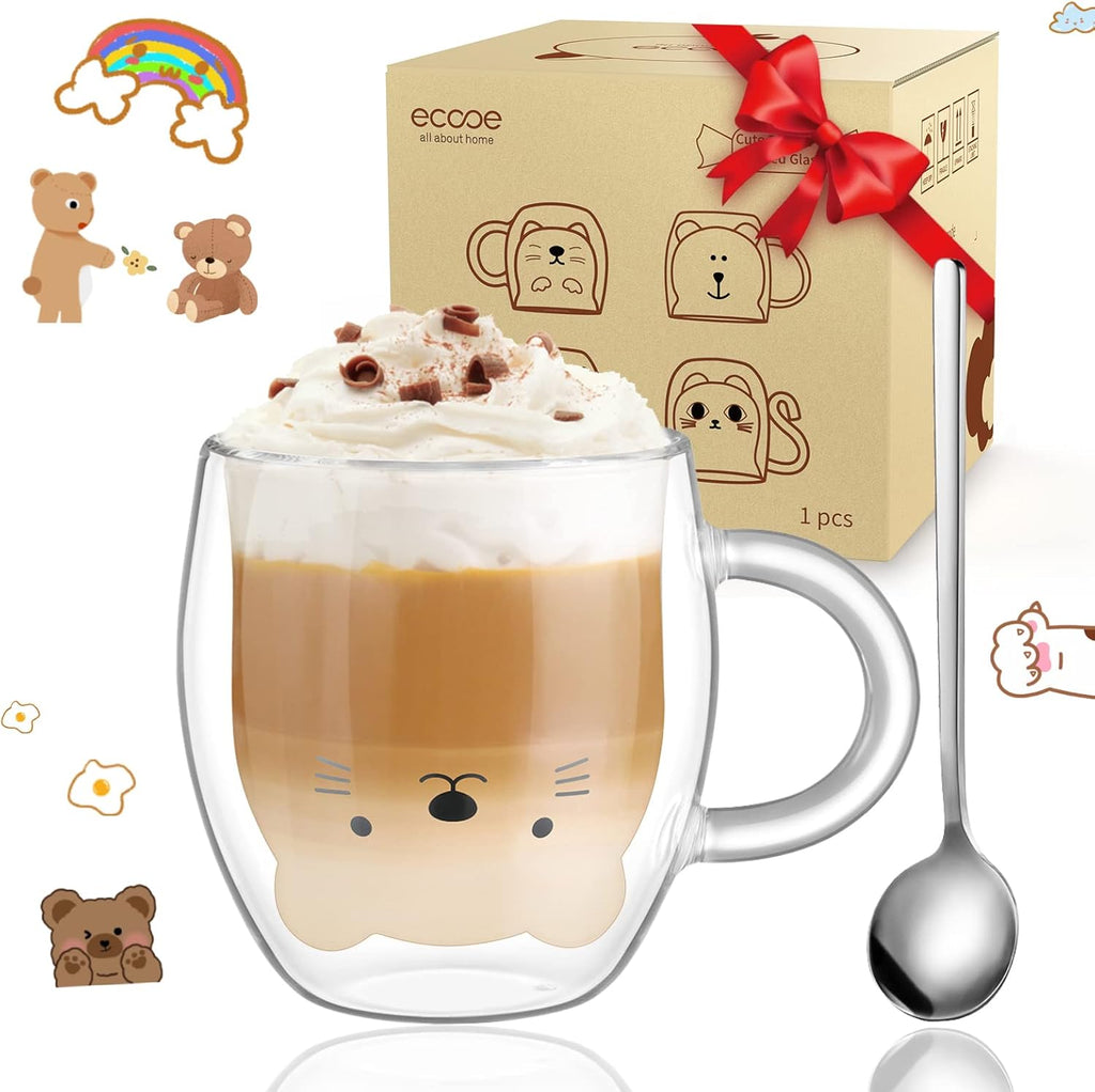 ecooe Süße Tasse Katze Doppelwandige Gläser 290ml Latte Macchiato Gläser Cappuccino Tassen Kaffeetasse Doppelwandig Kaffeeglas Teegläser Geburtstag Valentinstag Geschenke für Frauen Mütter Kinder