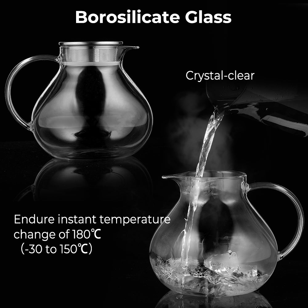 ecooe 1400ml Einfach Glas Teekanne mit 18/8 Silberne Edelstahl 2 in 1 Teesieb Deckel Borosilicate Glas Teebereiter Geeignet für Kalte und Heiße Getränke Offenem Feuer Herd Teewarmer