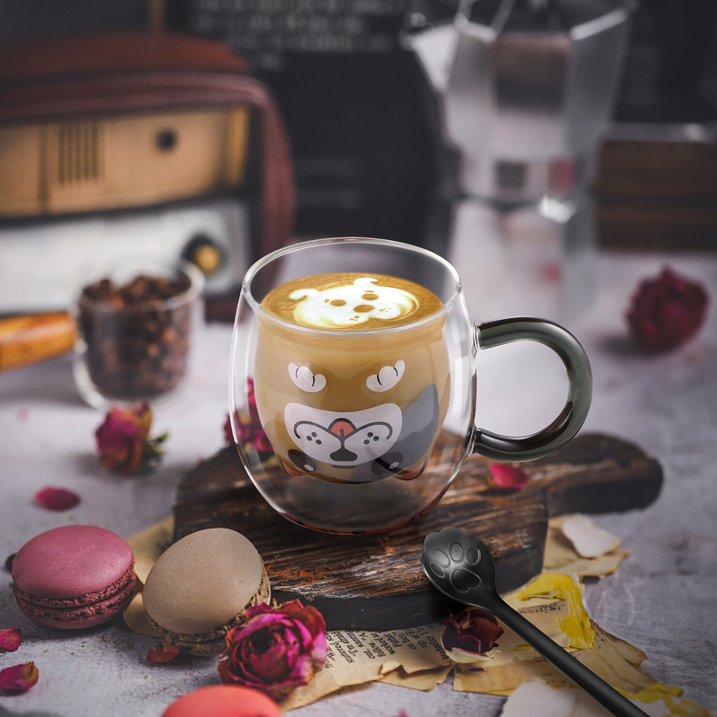 ecooe Hund Tasse Doppelwandige Gläser 280ml Latte Macchiato Gläser mit Löffel Kaffeetasse Doppelwandig Süße Tasse Hund Kaffeeglas Teegläser Geburtstag Valentinstag Geschenke für Frauen Männer Kinder