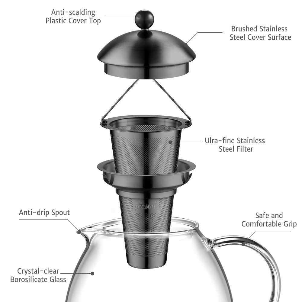 glastal Glas Schwarze Teekanne 1500ml mit 18/8 Edelstahl Teesieb Borosilicate Glas Teebereiter Glaskanne Geeignet für Teewarmer