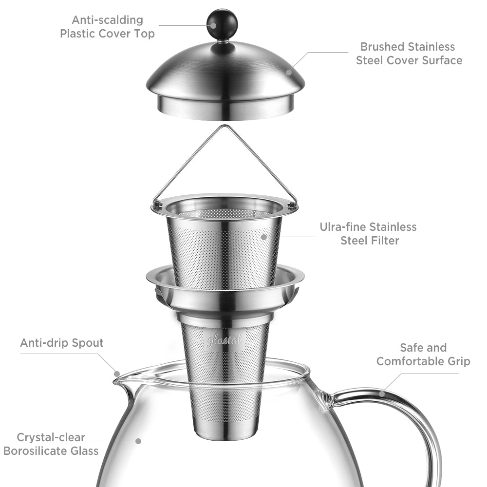 glastal Glas Silberne Teekanne 1500ml mit 18/8 Edelstahl Teesieb Borosilicate Glas Teebereiter Glaskanne Geeignet für Teewarmer