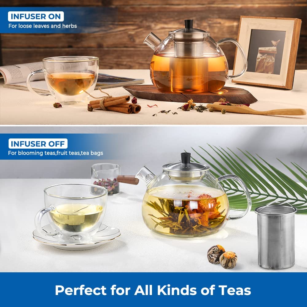 ecooe 1000ml Silberne Teekanne aus Glas Borosilikat Glas Teebereiter mit Abnehmbare 18/8 Edelstahl-Sieb Rostfrei Hitzebeständig für Schwarzen Tee Grüner