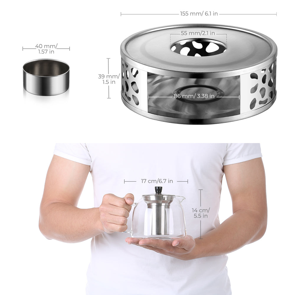 ecooe Original 2000ml Silberne Teekanne Glas Borosilikatglas Teebereiter mit 18/8 Edelstahl Stövchen Abnehmbare Sieb Hitzebeständig für Schwarzen Tee Grüner Tee Fruchttee Duftender Tee Teebeutel