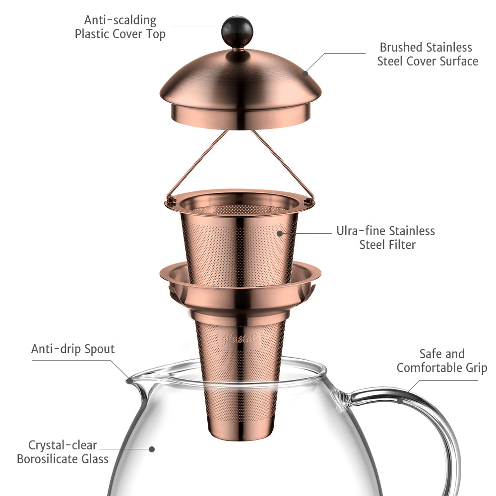 glastal 1500ml Glass Bronze Teapot with 18/8 Stainless Steel Tea Strainer, Borosilicate Glass Teapot, Glass Teapot Suitable for Tea Warmer