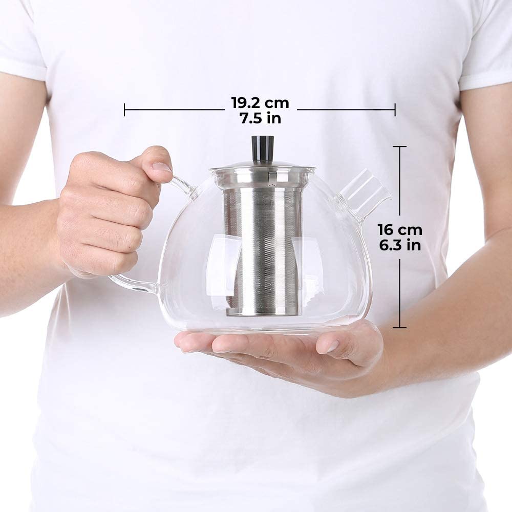 ecooe Teekanne aus Glas mit Teesieb 1500 ml, hitzebeständige Teekanne aus klarem Glas mit herausnehmbarem Edelstahl-Teesieb, für schwarzen Tee, Grüntee, duftenden Früchtetee