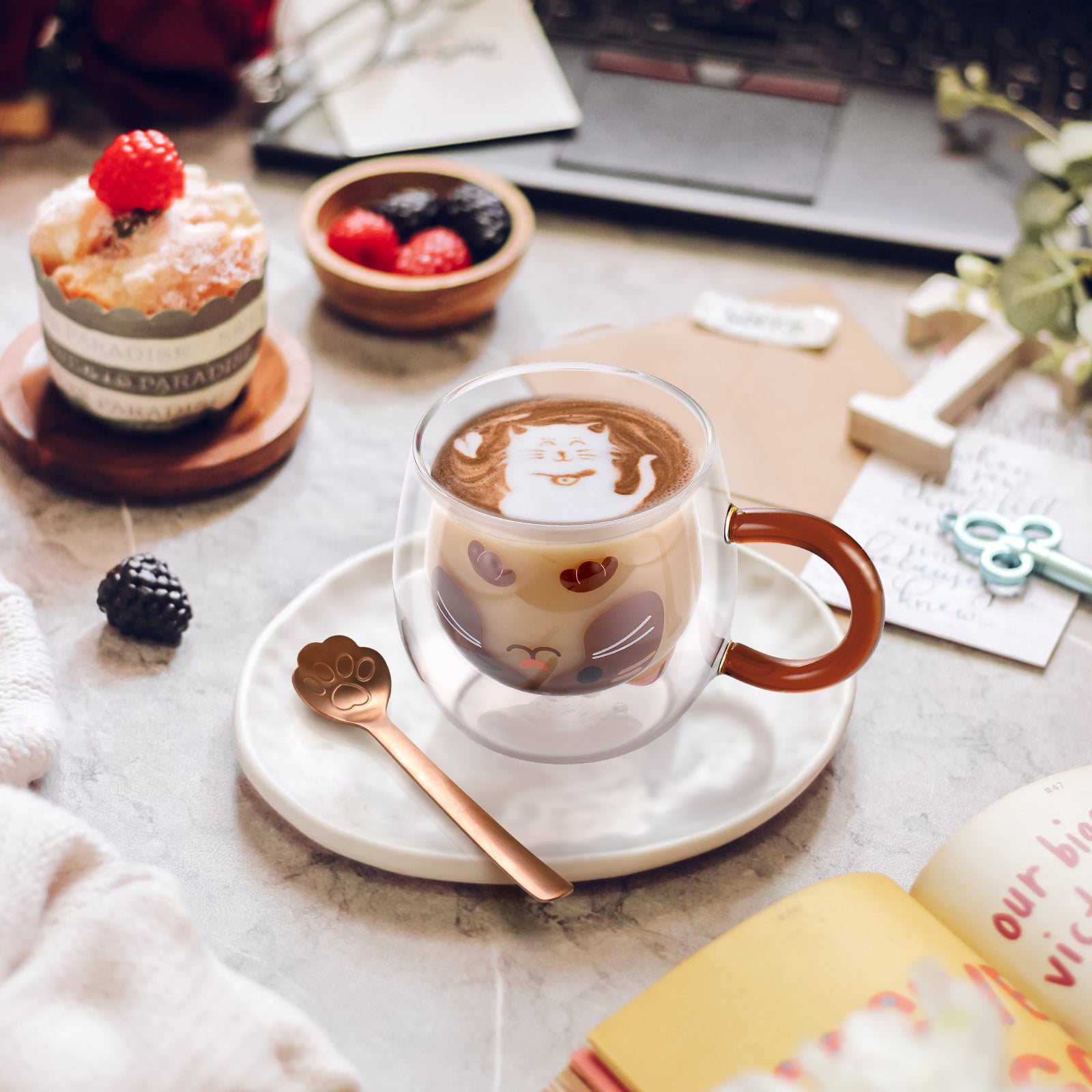 ecooe Katzen Tasse Süße Doppelwandige Gläser 280ml Latte Macchiato Gläser Cappuccino Tassen Katze Kaffeetasse Doppelwandig Kaffeeglas Teegläser Geburtstag Valentinstag Geschenke für Frauen Kinder