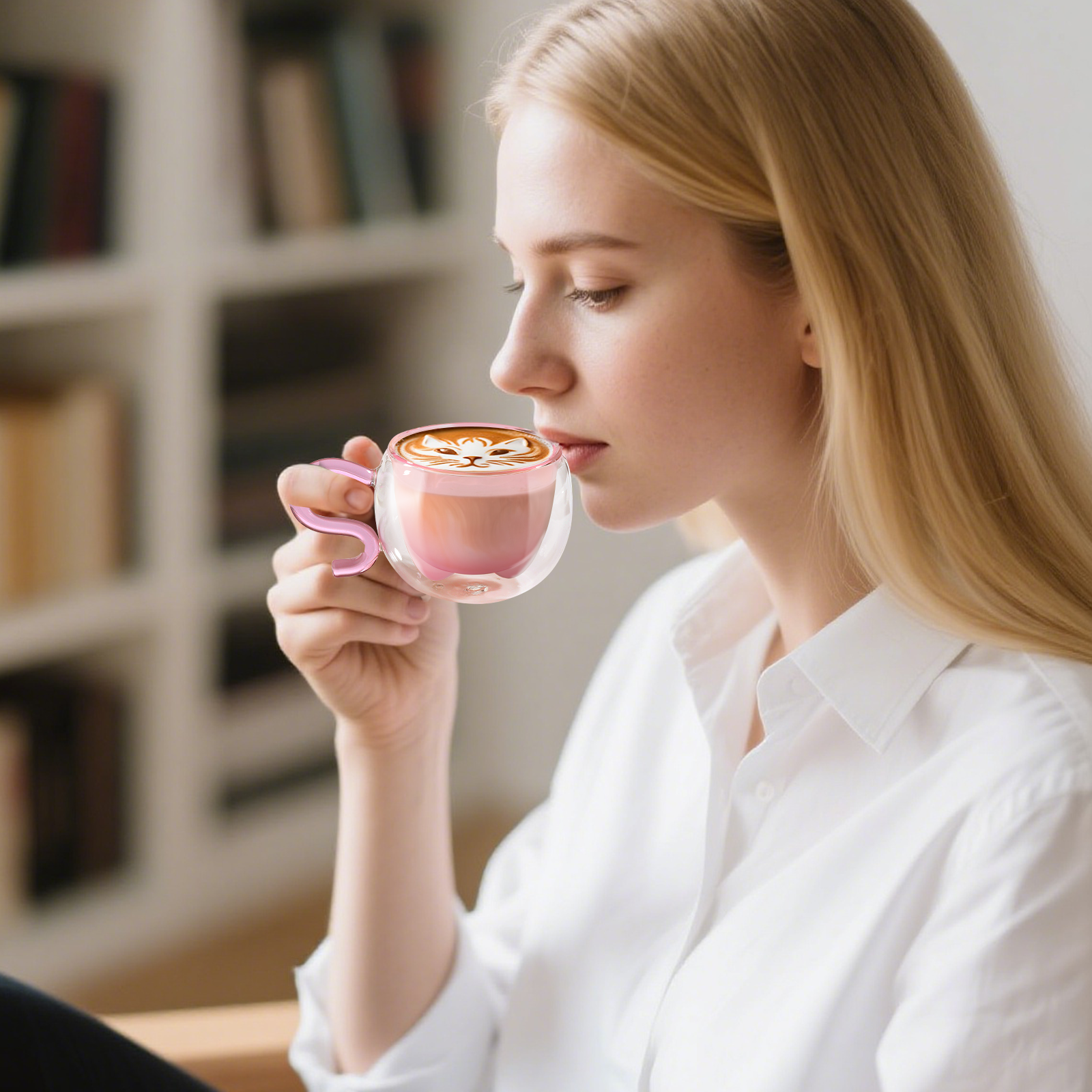 ecooe 130ml Süße Rosa Katze Doppelwandige Kaffeegläser Espressotassen 2er-Set, Katzentasse Geburtstagsgeschenk Geschenke für Frauen, Freundin, Mama, Kinder, Espresso Gläser für Eiskaffee und Milch
