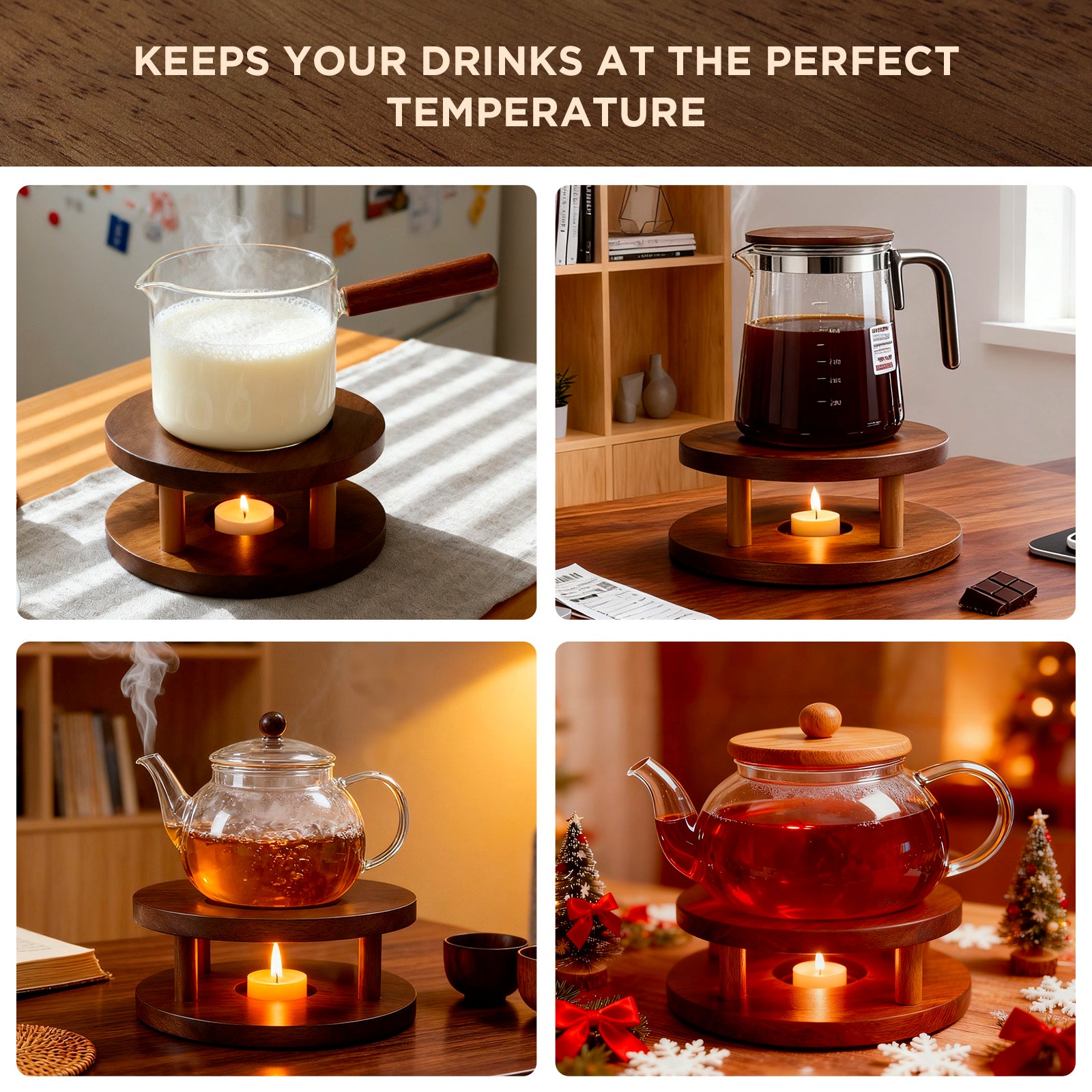 ecooe Stövchen Holz, Stövchen für Teekanne Aus natürlicher Eiche, Handgefertigter Teewärmer für Teekanne/Kaffe/Milch