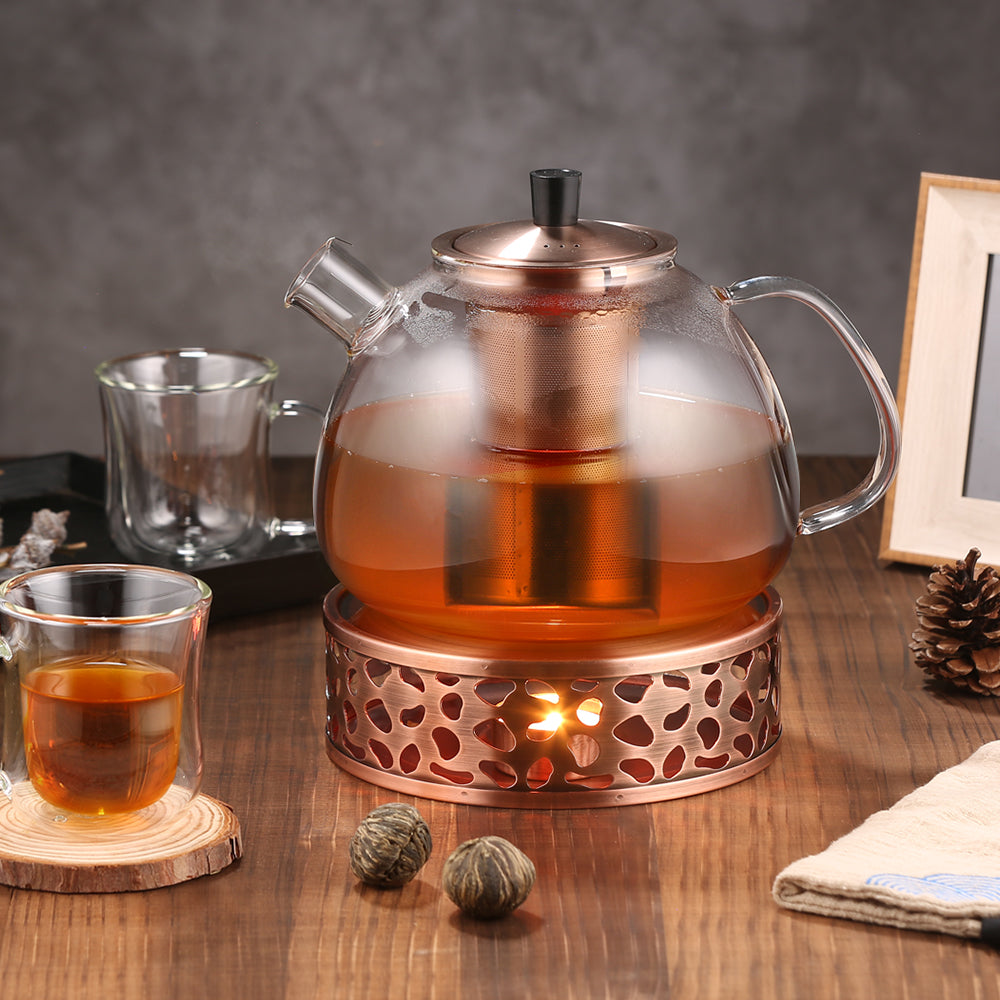 ecooe Teekanne aus Glas mit Teesieb, 1500 ml, mit Teewärmer 18/8 Edelstahl, Teekanne aus Glas mit abnehmbarem Teesieb aus Edelstahl (Kupferfarben), für schwarzen Tee, Grüntee, parfümierter Tee