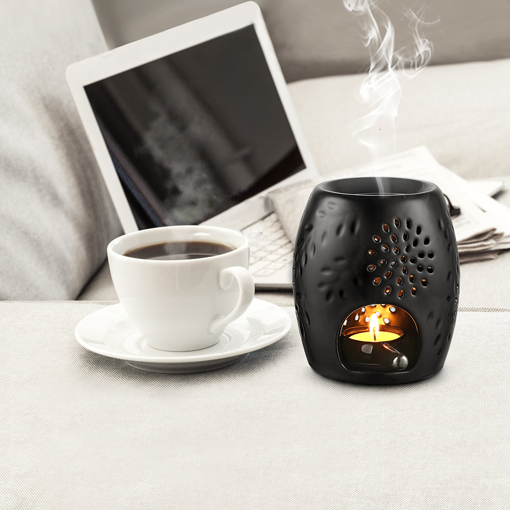 ecooe Aromalampe Teelichthalter Duftlampe aus Keramik Schwarz mit der Candle Löffel Aroma Diffuser