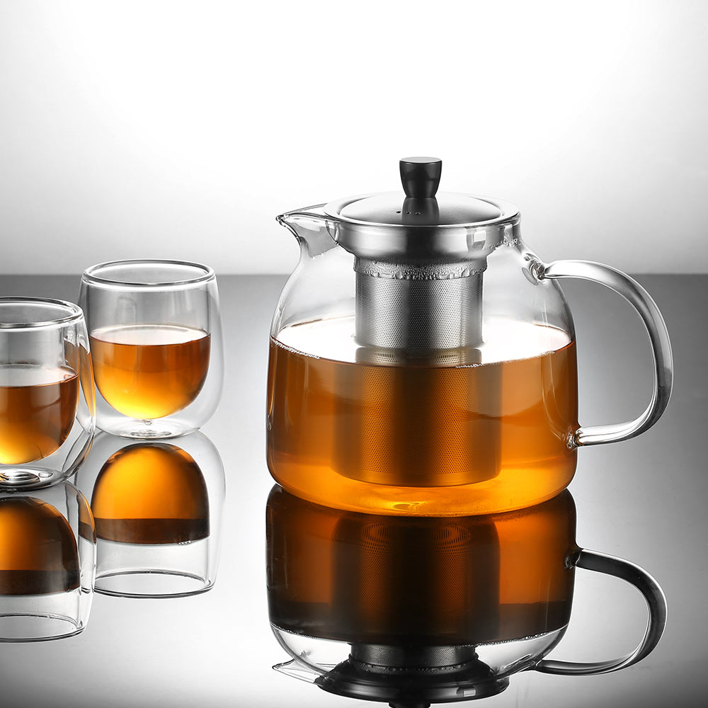ecooe Original 2000ml Silberne Teekanne Glas Borosilikatglas Teebereiter mit 18/8 Edelstahl Stövchen Abnehmbare Sieb Hitzebeständig für Schwarzen Tee Grüner Tee Fruchttee Duftender Tee Teebeutel