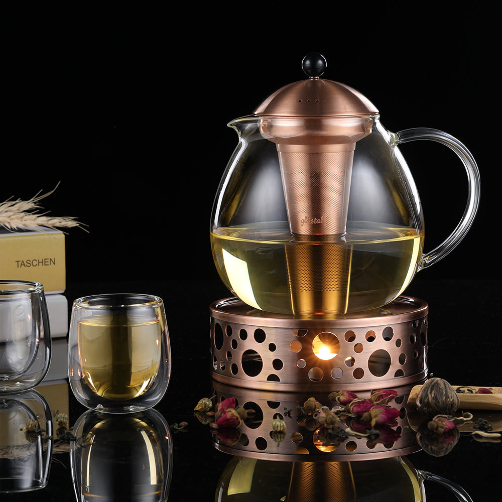 glastal 1500ml Glass Bronze Teapot with 18/8 Stainless Steel Tea Strainer, Borosilicate Glass Teapot, Glass Teapot Suitable for Tea Warmer