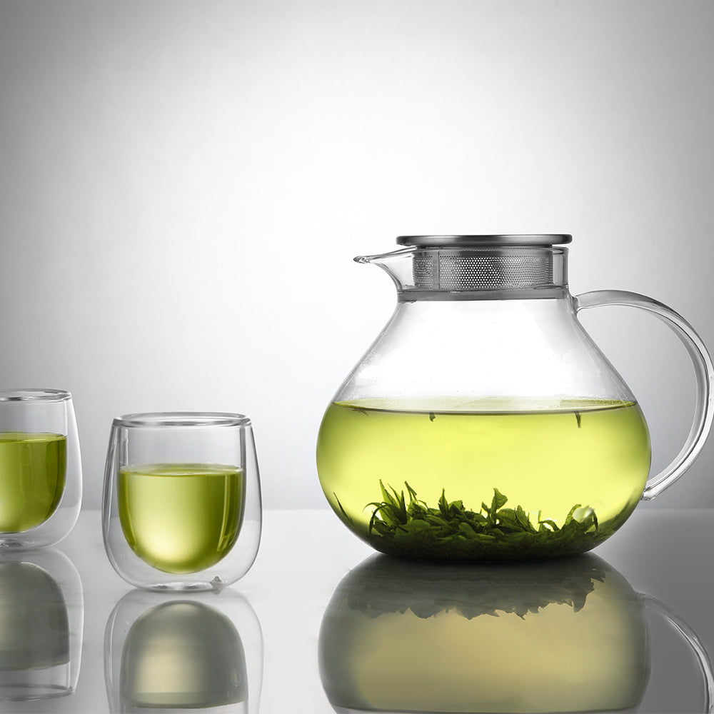 ecooe 1400ml Einfach Glas Teekanne mit 18/8 Silberne Edelstahl 2 in 1 Teesieb Deckel Borosilicate Glas Teebereiter Geeignet für Kalte und Heiße Getränke Offenem Feuer Herd Teewarmer