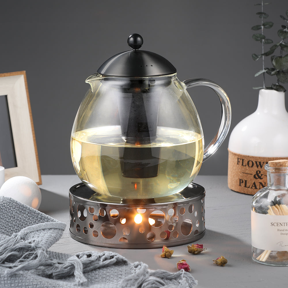 glastal Glas Schwarze Teekanne 1500ml mit 18/8 Edelstahl Teesieb Borosilicate Glas Teebereiter Glaskanne Geeignet für Teewarmer