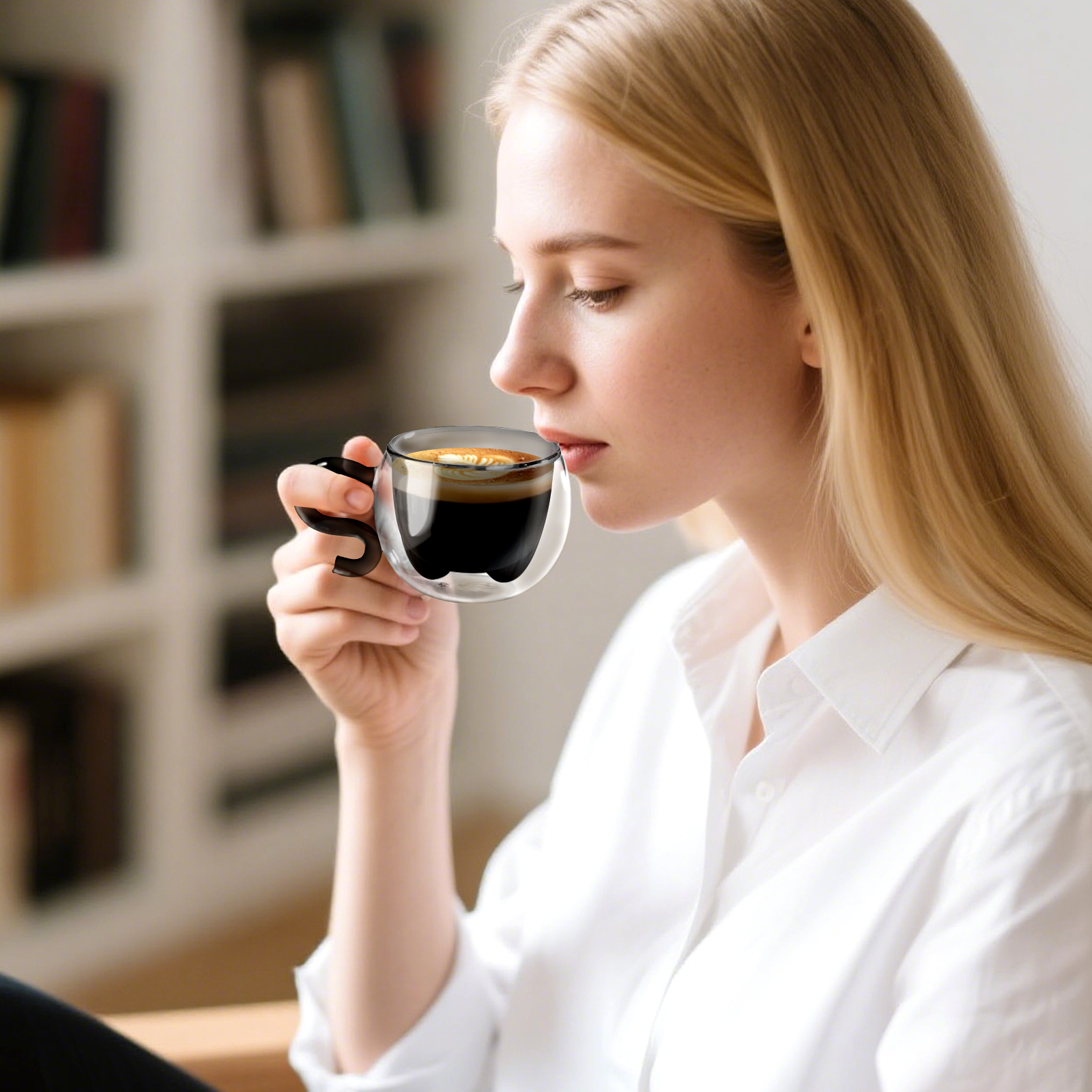 ecooe 130ml Süße Katze Espressotassen Set Glas Doppelwandige Kaffeegläser, Katzentasse Geschenke für Männer, Frauen, Kinder, Espresso Gläser für Eiskaffee und heiße Milch (Schwarz, 2er Set)