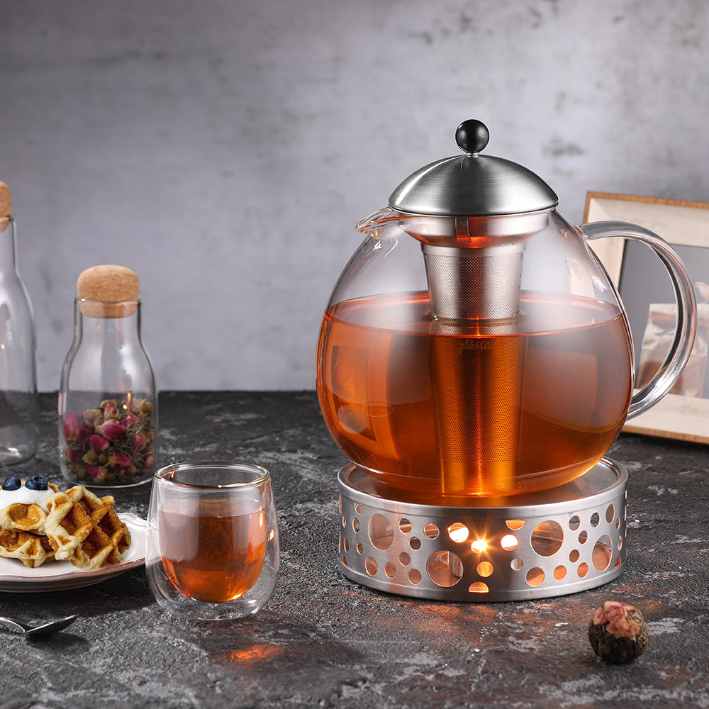 glastal Glas Silberne Teekanne 2000ml mit 18/8 Edelstahl Teesieb Borosilicate Glas Teebereiter auf Stove Glaskanne mit Entfernbar Seibskanne mit Entfernbar Seib