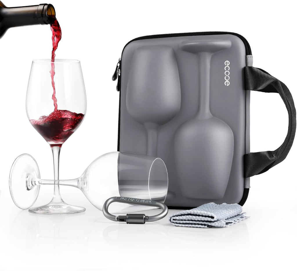ecooe Weingläser Set mit 2 Gläser to go mit Schutzhülle + Reinigungstuch - Weingläser to go für Strandausflüge, Picknicks im Freien, Geschenk für Weinliebhaber, 380ml