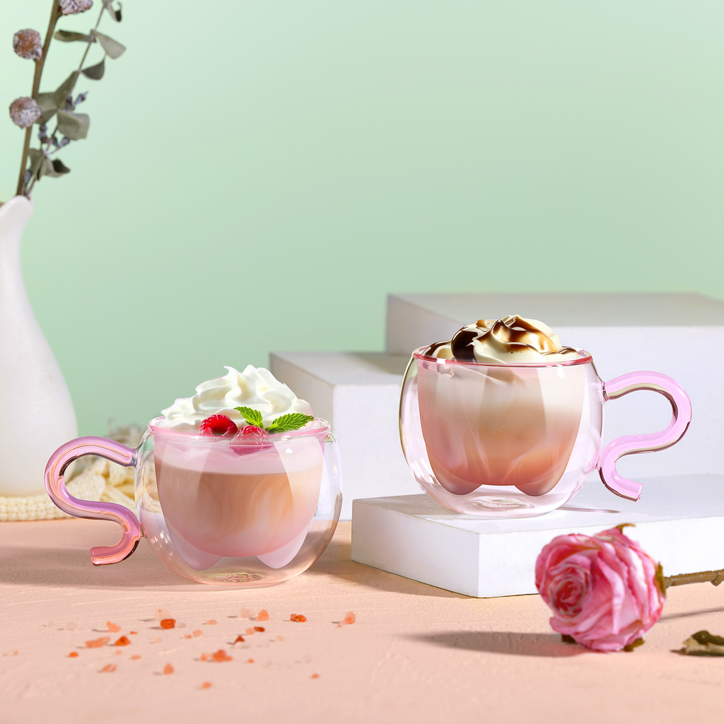 ecooe 130ml Süße Rosa Katze Doppelwandige Kaffeegläser Espressotassen 2er-Set, Katzentasse Geburtstagsgeschenk Geschenke für Frauen, Freundin, Mama, Kinder, Espresso Gläser für Eiskaffee und Milch