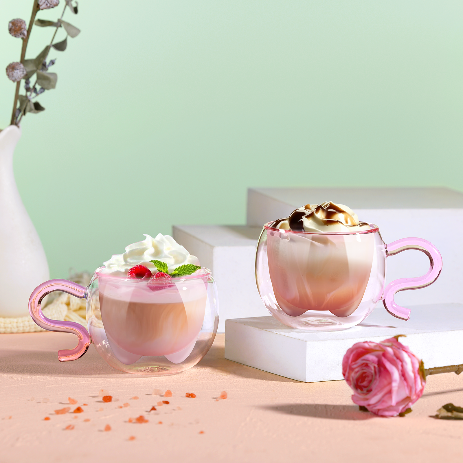 ecooe 130ml Süße Rosa Katze Doppelwandige Kaffeegläser Espressotassen 2er-Set, Katzentasse Geburtstagsgeschenk Geschenke für Frauen, Freundin, Mama, Kinder, Espresso Gläser für Eiskaffee und Milch