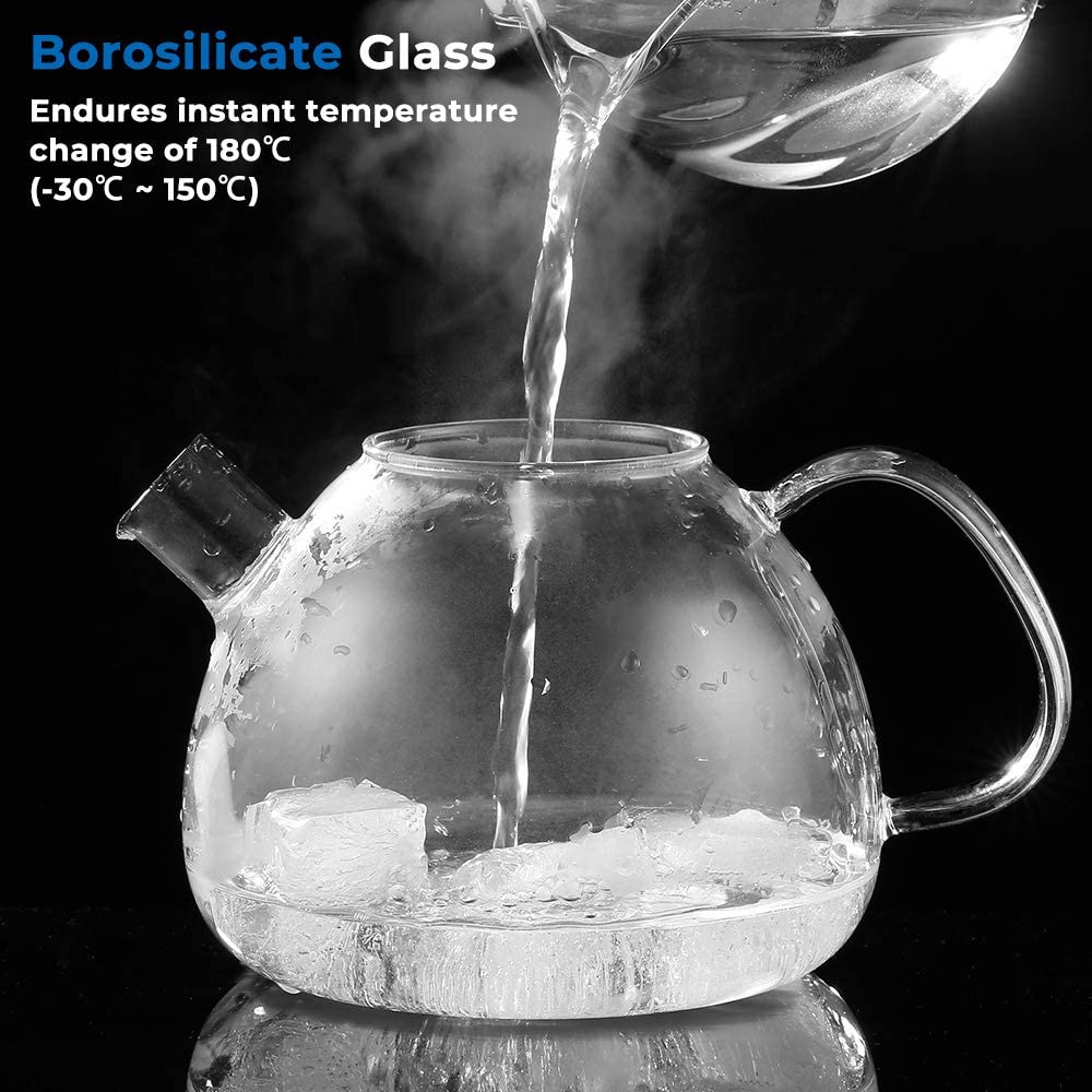 ecooe Teekanne aus Glas mit Teesieb 1500 ml, hitzebeständige Teekanne aus klarem Glas mit herausnehmbarem Edelstahl-Teesieb, für schwarzen Tee, Grüntee, duftenden Früchtetee
