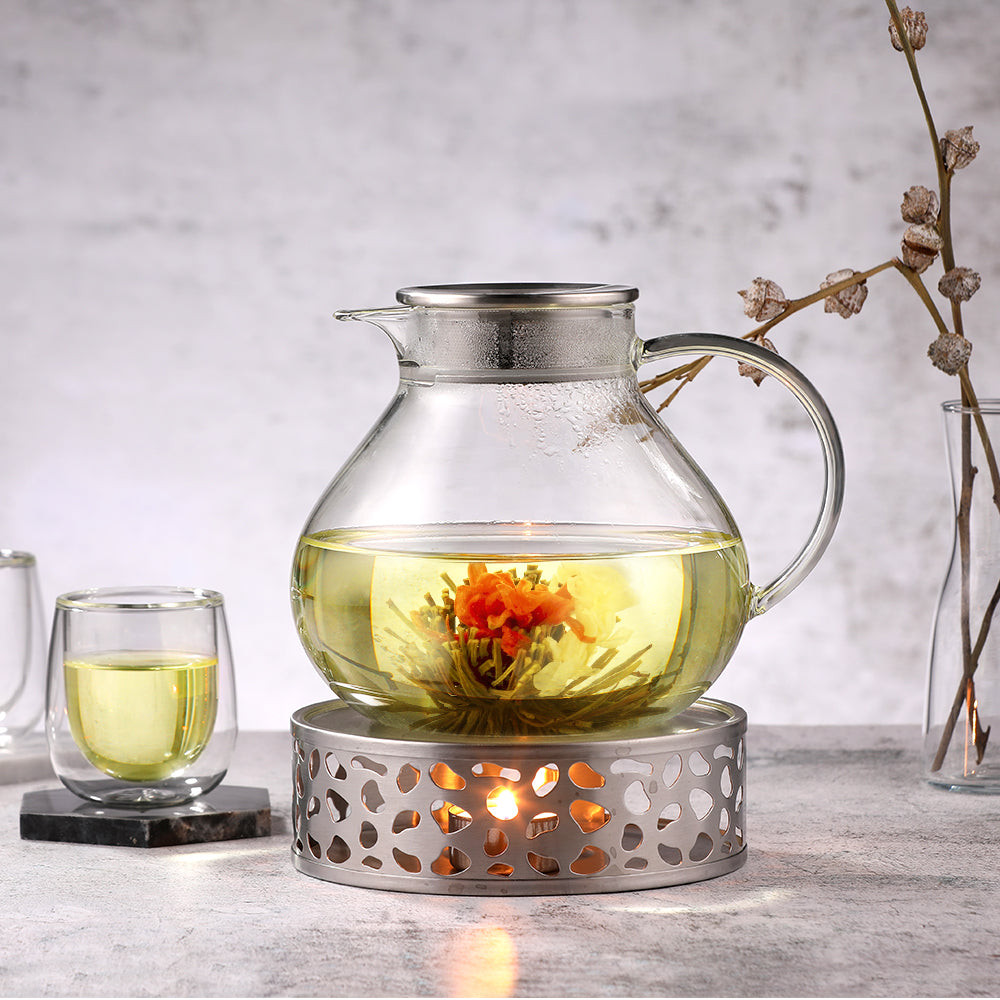 ecooe 1400ml Einfach Glas Teekanne mit 18/8 Silberne Edelstahl 2 in 1 Teesieb Deckel Borosilicate Glas Teebereiter Geeignet für Kalte und Heiße Getränke Offenem Feuer Herd Teewarmer