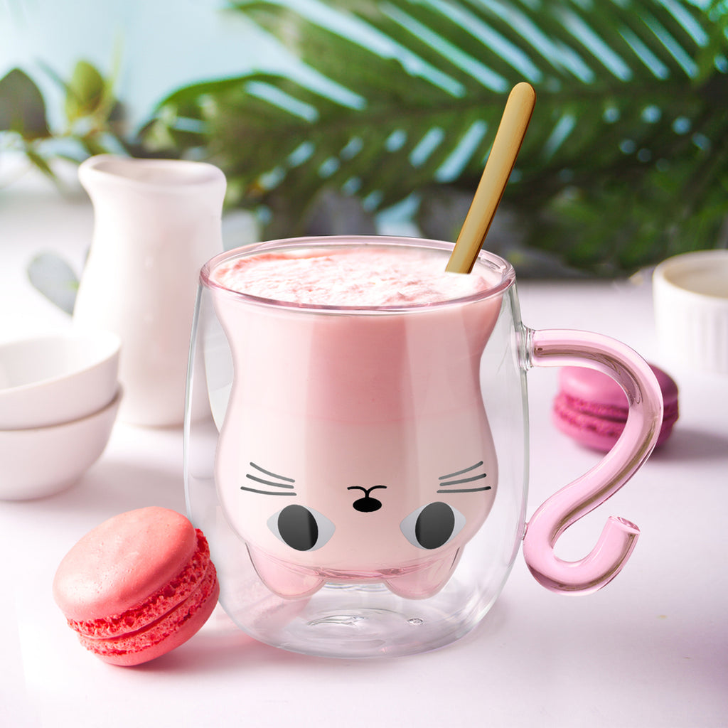 ecooe Doppelwandige Süße katze Latte Macchiato Gläser Kaffeetasse 290ml Kaffeeglas Teegläser für Cappuccino,Latte Macchiato,Tee, Milch, EIS, Bier, Geburtstag Valentinstag Geschenke für Frauen Kinder