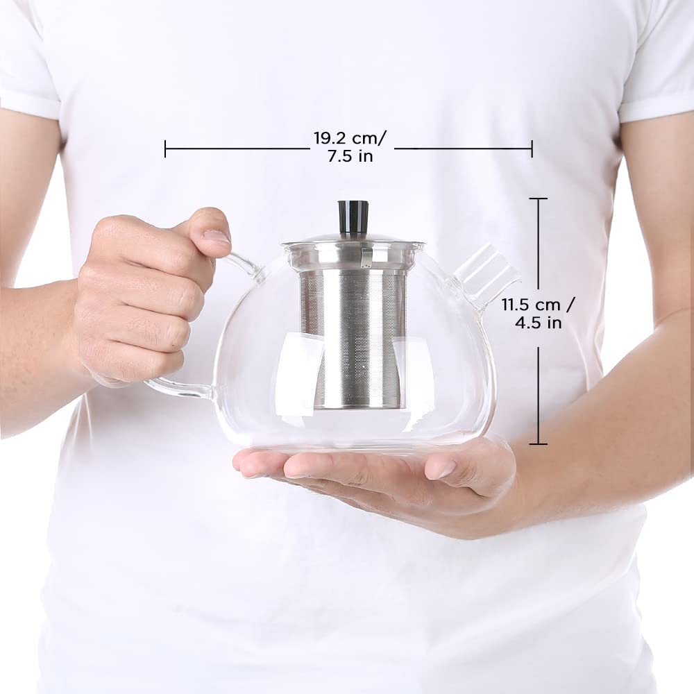 ecooe 1000ml Silberne Teekanne aus Glas Borosilikat Glas Teebereiter mit Abnehmbare 18/8 Edelstahl-Sieb Rostfrei Hitzebeständig für Schwarzen Tee Grüner