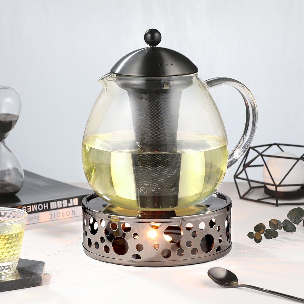glastal Glas Schwarze Teekanne 1500ml mit 18/8 Edelstahl Teesieb Borosilicate Glas Teebereiter Glaskanne Geeignet für Teewarmer