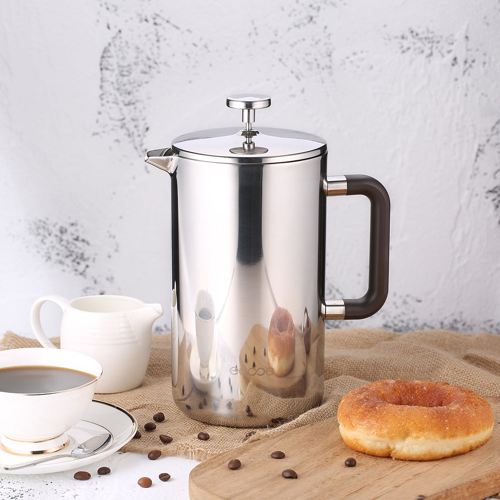 ecooe 1.5L French Press Kaffee Doppelwandiger Kaffeebereiter aus 18/10 Rostenfrei Edelstahl mit 3 Filtern Silber 1500ml