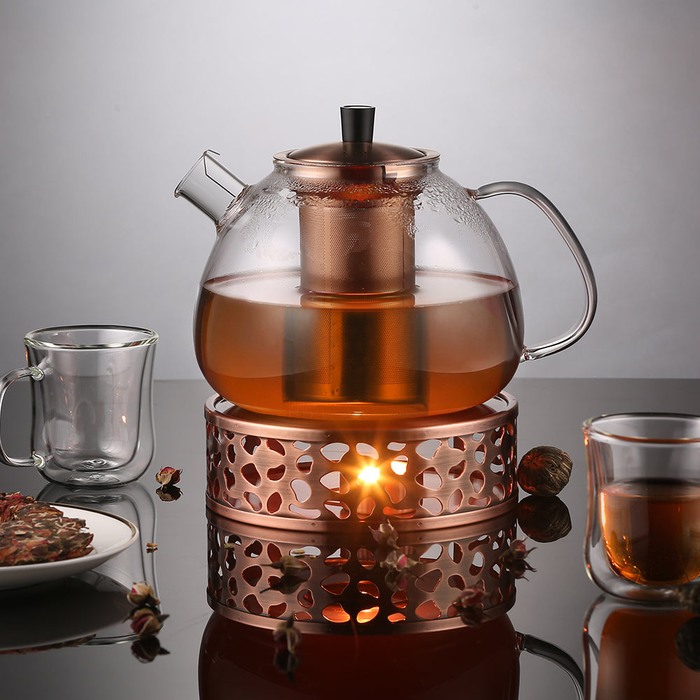 ecooe Teekanne aus Glas mit Teesieb, 1500 ml, mit Teewärmer 18/8 Edelstahl, Teekanne aus Glas mit abnehmbarem Teesieb aus Edelstahl (Kupferfarben), für schwarzen Tee, Grüntee, parfümierter Tee