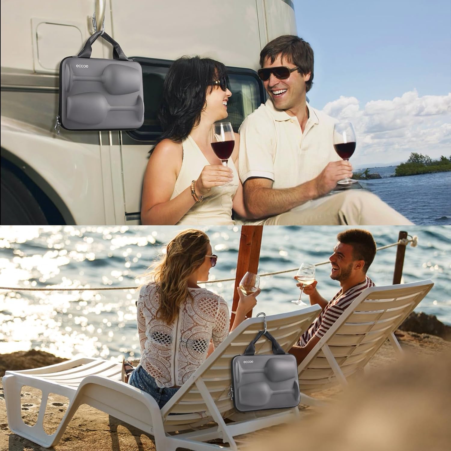 ecooe Weingläser Set mit 2 Gläser to go mit Schutzhülle + Reinigungstuch - Weingläser to go für Strandausflüge, Picknicks im Freien, Geschenk für Weinliebhaber, 380ml