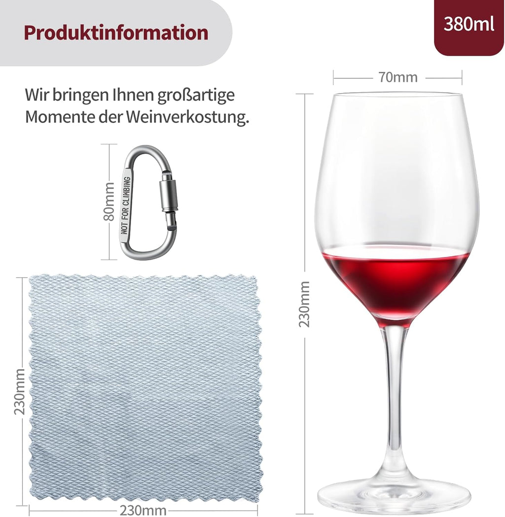 ecooe Weingläser Set mit 2 Gläser to go mit Schutzhülle + Reinigungstuch - Weingläser to go für Strandausflüge, Picknicks im Freien, Geschenk für Weinliebhaber, 380ml