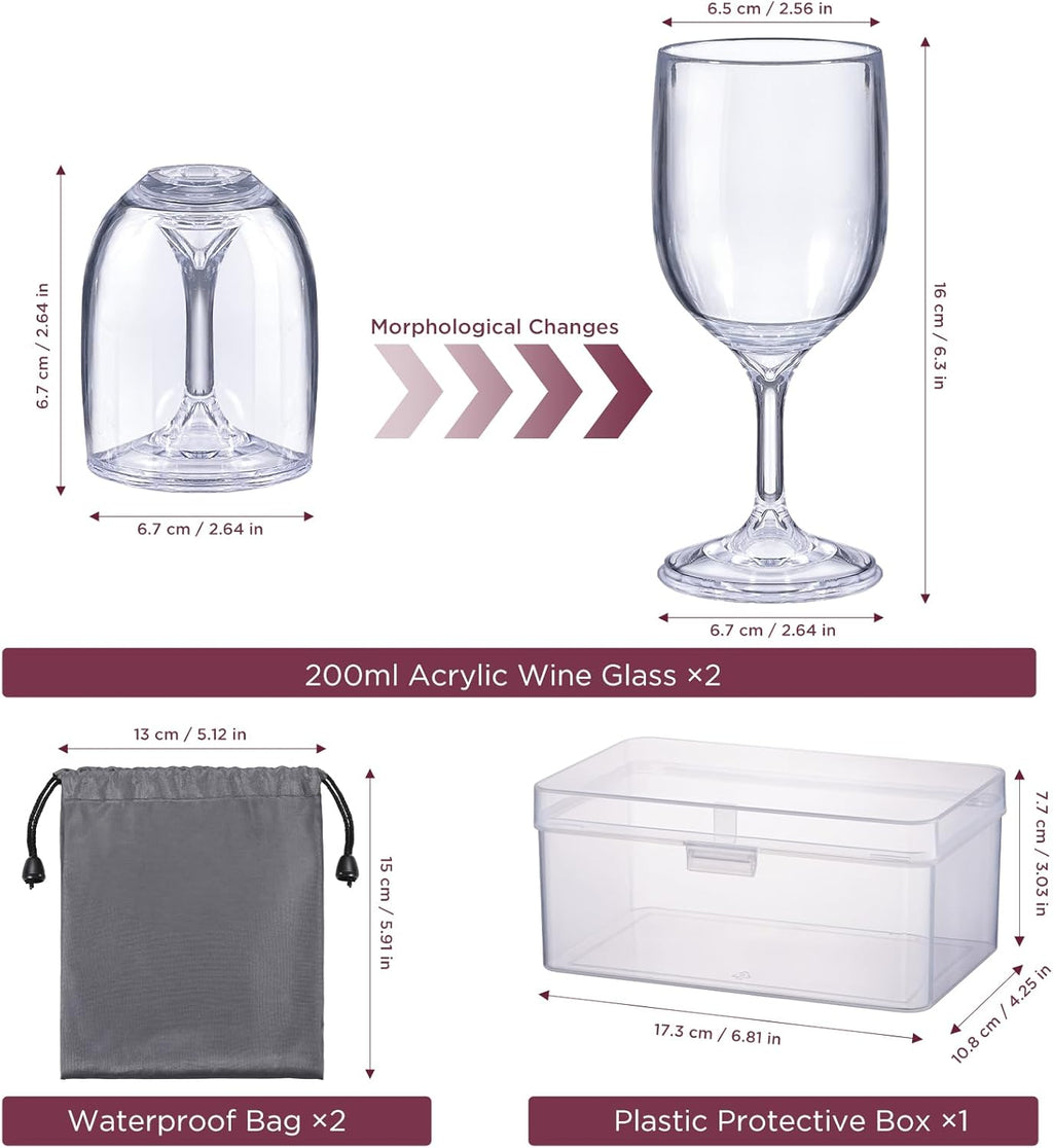 ecooe Weingläser Kunststoff to go, 200ml Camping Weinglaser 2er Set, Moderne Rotweingläser Weißwein und Sektgläser mit Wasserdichter Tasche und Praktischer Box für Reisen Camping Outdoor Picknick