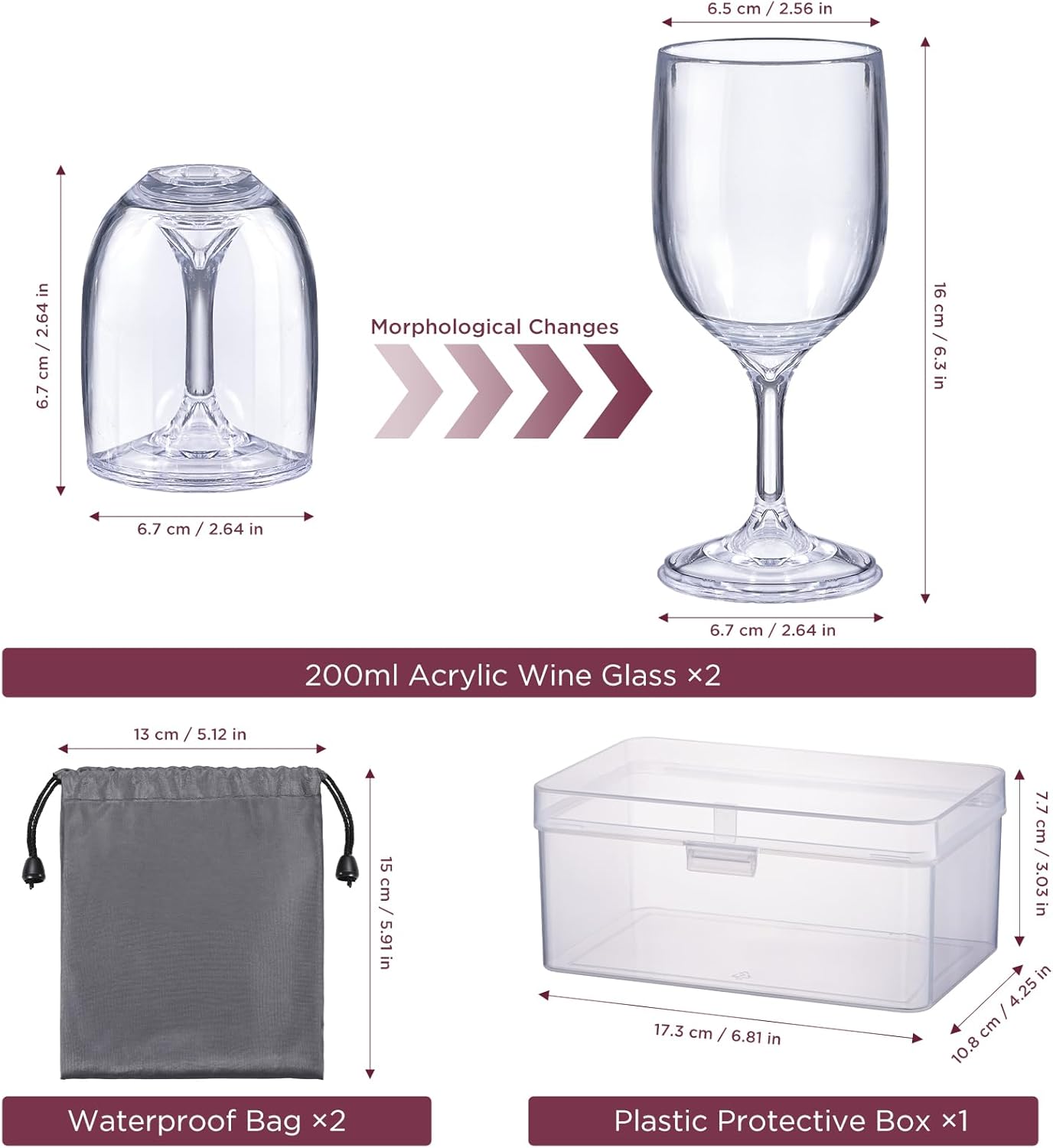 ecooe Weingläser Kunststoff to go, 200ml Camping Weinglaser 2er Set, Moderne Rotweingläser Weißwein und Sektgläser mit Wasserdichter Tasche und Praktischer Box für Reisen Camping Outdoor Picknick