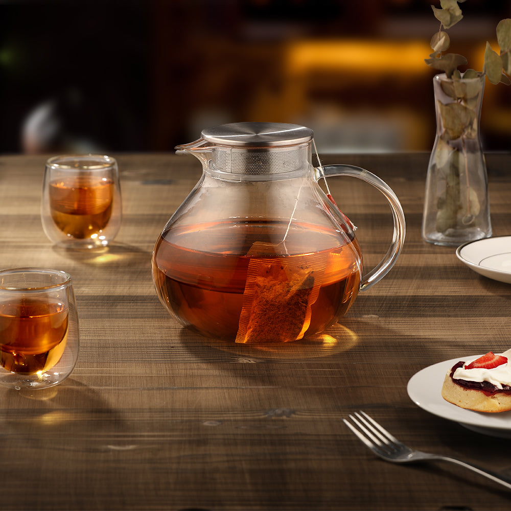 ecooe 1400ml Einfach Glas Teekanne mit 18/8 Silberne Edelstahl 2 in 1 Teesieb Deckel Borosilicate Glas Teebereiter Geeignet für Kalte und Heiße Getränke Offenem Feuer Herd Teewarmer