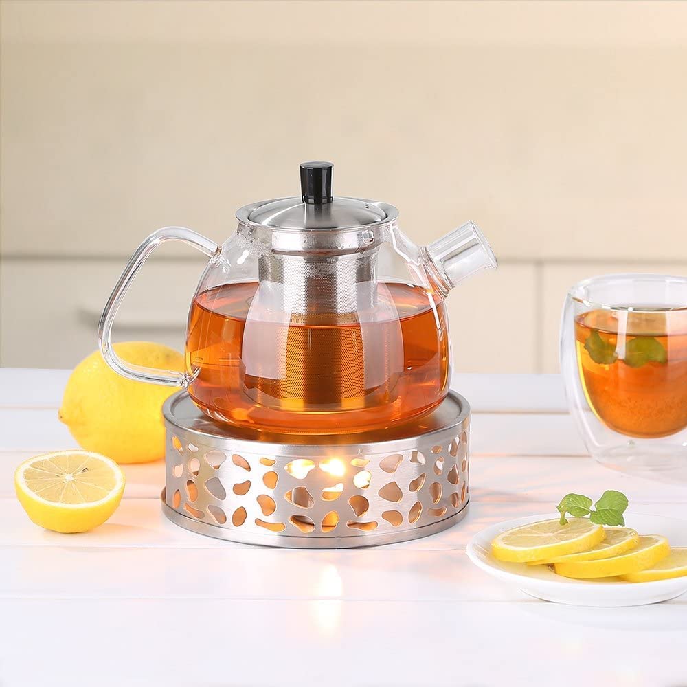ecooe 1000ml Silberne Teekanne aus Glas Borosilikat Glas Teebereiter mit Abnehmbare 18/8 Edelstahl-Sieb Rostfrei Hitzebeständig für Schwarzen Tee Grüner