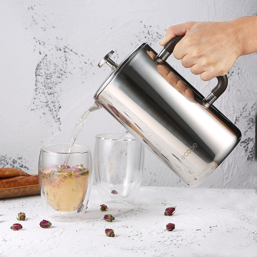 ecooe 1.5L French Press Kaffee Doppelwandiger Kaffeebereiter aus 18/10 Rostenfrei Edelstahl mit 3 Filtern Silber 1500ml