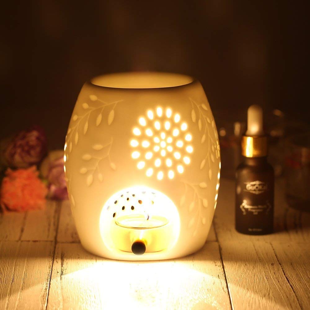 ecooe Aromalampe Teelichthalter Duftlampe aus Keramik weiß mit der Candle Löffel Aroma Diffuser