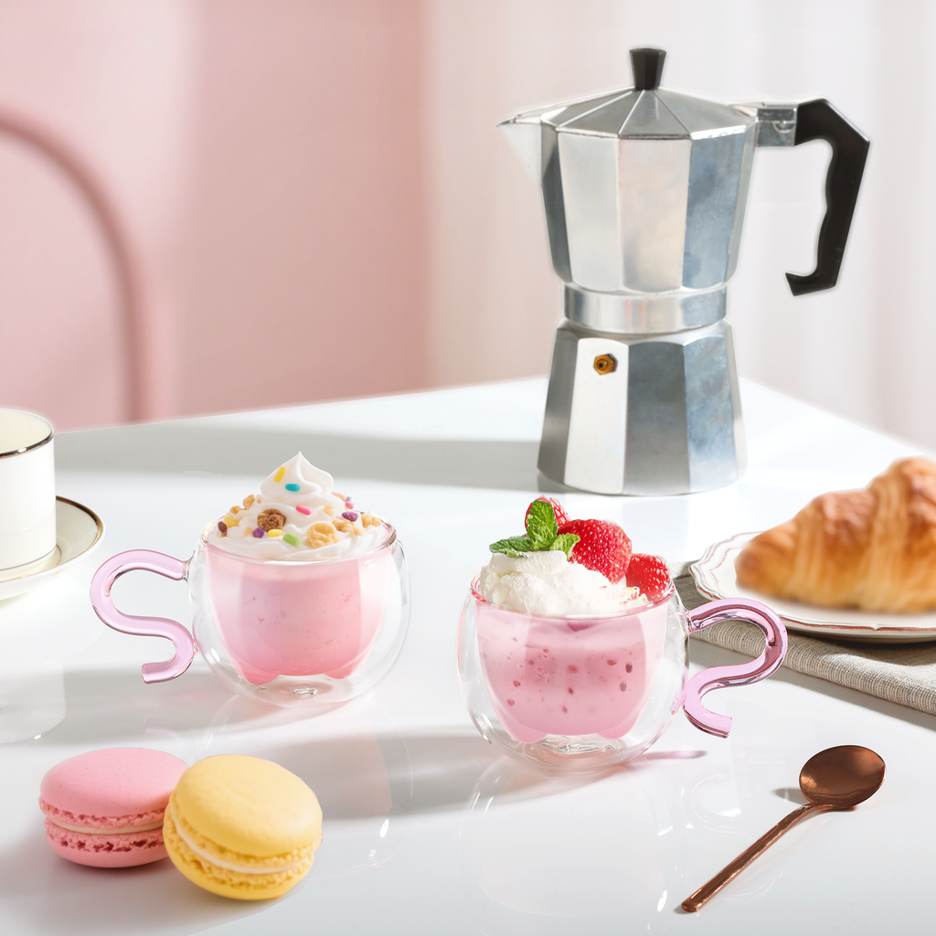 ecooe 130ml Süße Rosa Katze Doppelwandige Kaffeegläser Espressotassen 2er-Set, Katzentasse Geburtstagsgeschenk Geschenke für Frauen, Freundin, Mama, Kinder, Espresso Gläser für Eiskaffee und Milch