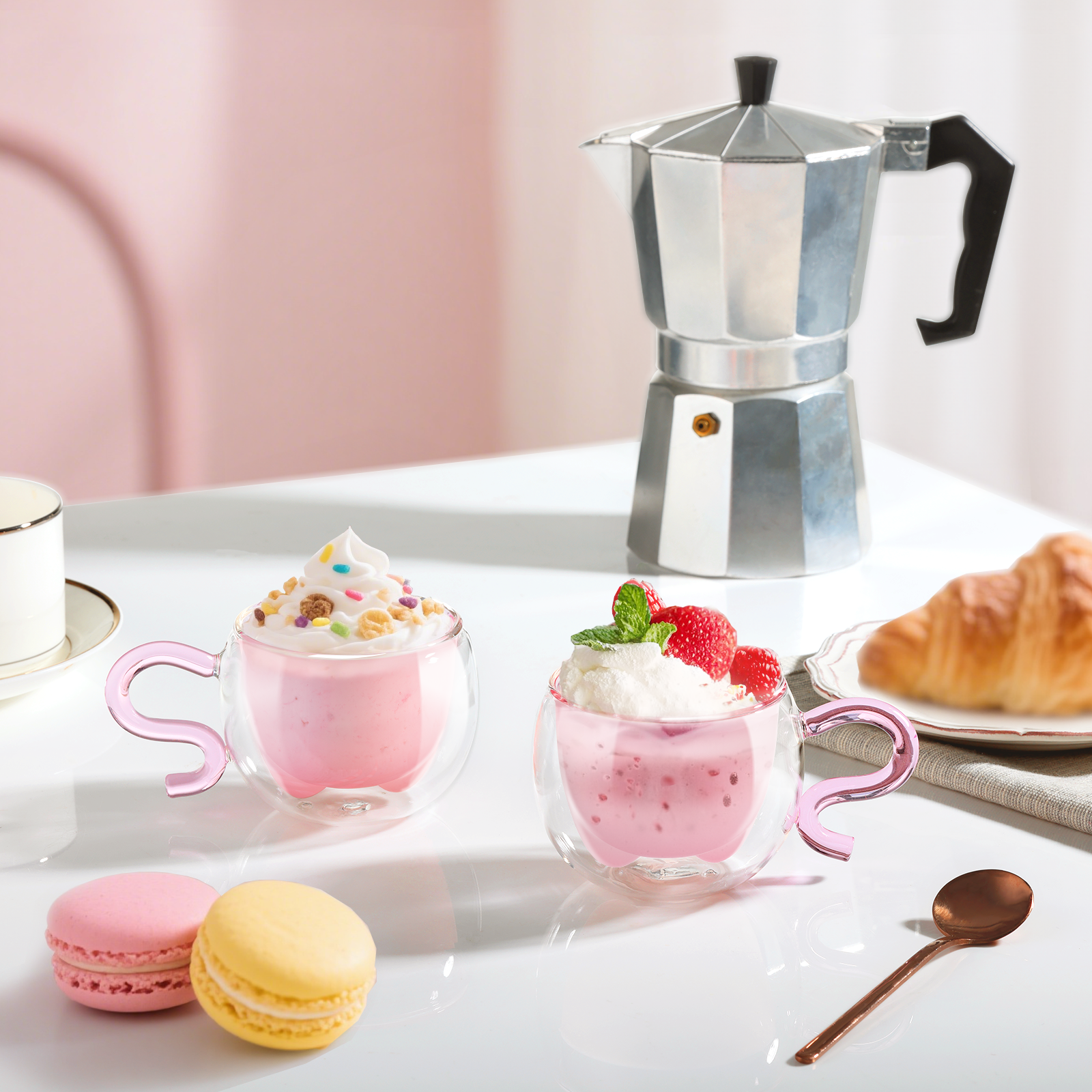 ecooe 130ml Süße Rosa Katze Doppelwandige Kaffeegläser Espressotassen 2er-Set, Katzentasse Geburtstagsgeschenk Geschenke für Frauen, Freundin, Mama, Kinder, Espresso Gläser für Eiskaffee und Milch
