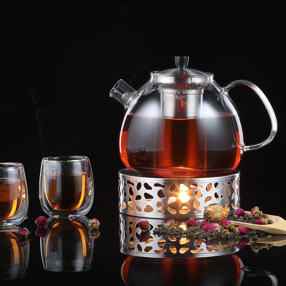 ecooe Teekanne aus Glas mit Teesieb 1500 ml, hitzebeständige Teekanne aus klarem Glas mit herausnehmbarem Edelstahl-Teesieb, für schwarzen Tee, Grüntee, duftenden Früchtetee
