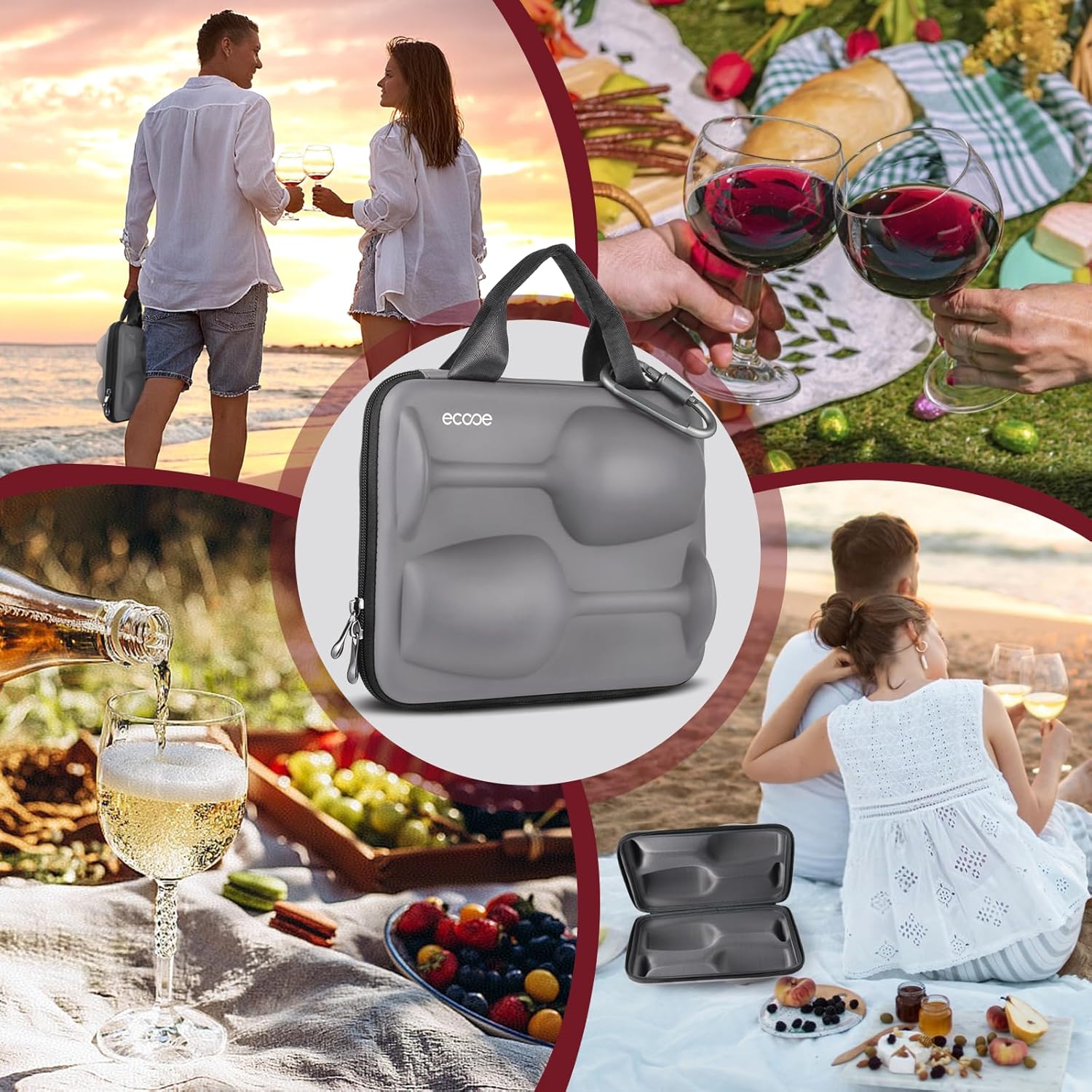 ecooe Weingläser Set mit 2 Gläser to go mit Schutzhülle + Reinigungstuch - Weingläser to go für Strandausflüge, Picknicks im Freien, Geschenk für Weinliebhaber, 380ml