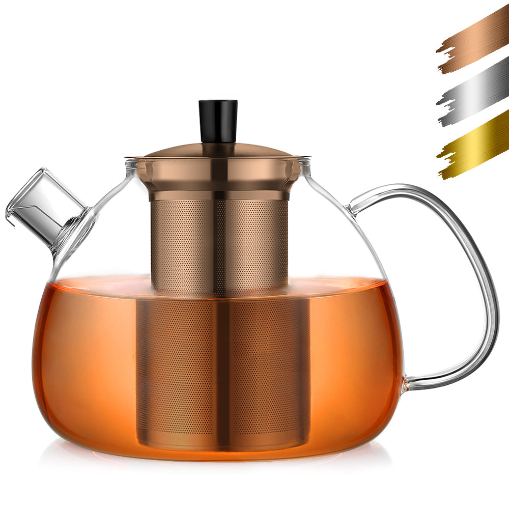ecooe Original 1500ml Bronze Teekanne aus Glas Borosilikat Glas Teebereiter mit Abnehmbare 18/8 Edelstahl-Sieb Rostfrei Hitzebeständig für Schwarzen Tee Grüner Tee Fruchttee Duftender Tee Teebeutel
