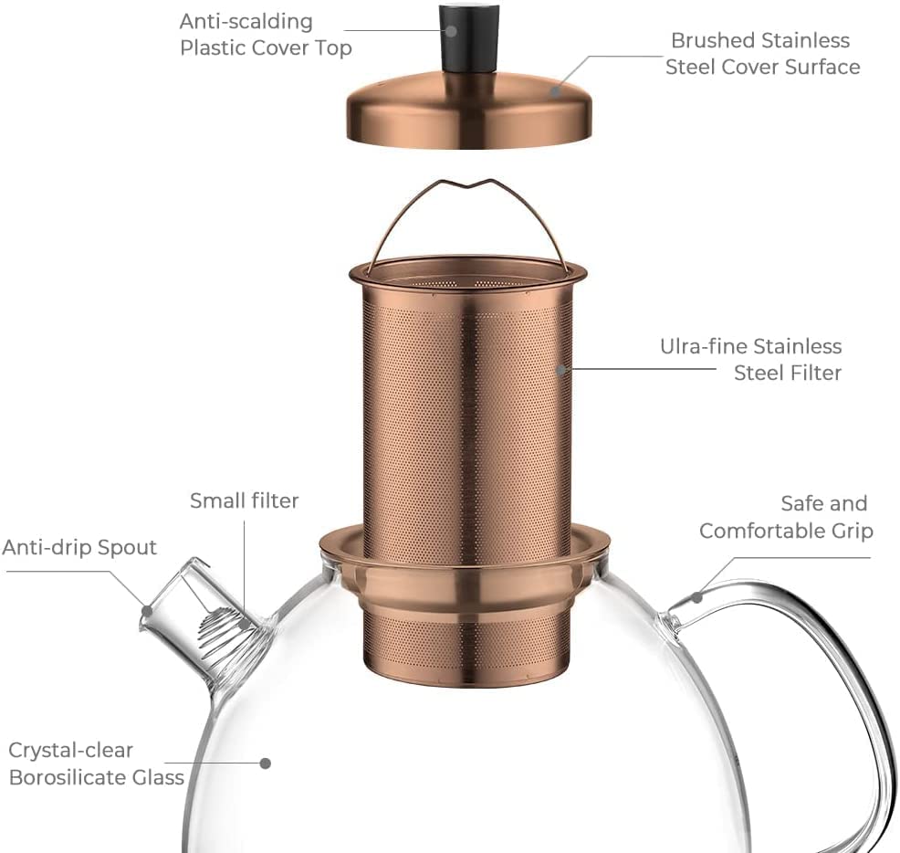 ecooe Original 1500ml Bronze Teekanne aus Glas Borosilikat Glas Teebereiter mit Abnehmbare 18/8 Edelstahl-Sieb Rostfrei Hitzebeständig für Schwarzen Tee Grüner Tee Fruchttee Duftender Tee Teebeutel