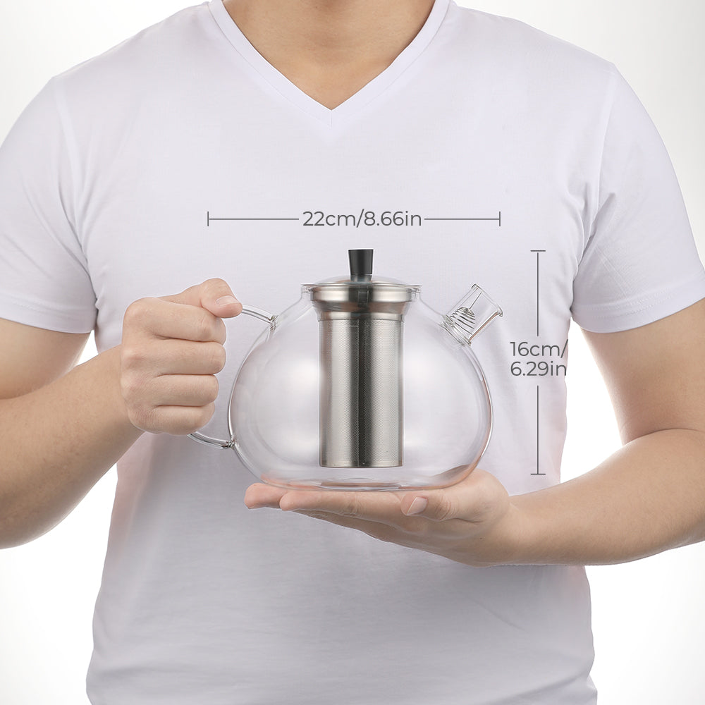 ecooe Original 2000ml Silberne Teekanne aus Glas Borosilikat Glas Teebereiter mit Abnehmbare 18/8 Edelstahl-Sieb Rostfrei Hitzebeständig für Schwarzen Tee Grüner Tee Fruchttee Duftender Tee Teebeutel