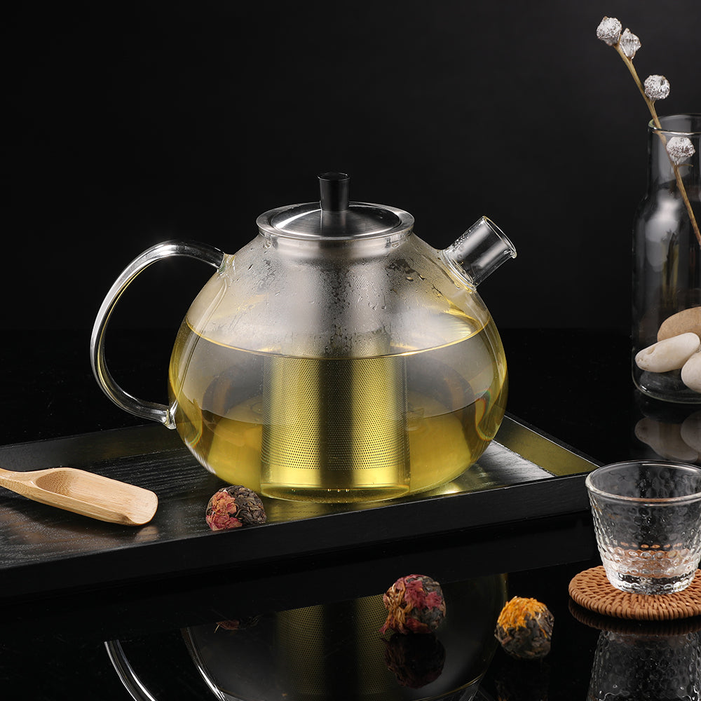 ecooe Original 2000ml Silberne Teekanne aus Glas Borosilikat Glas Teebereiter mit Abnehmbare 18/8 Edelstahl-Sieb Rostfrei Hitzebeständig für Schwarzen Tee Grüner Tee Fruchttee Duftender Tee Teebeutel